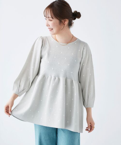 ニット セーター Perle Peche ラメドット刺繍ペプラムニット レディース