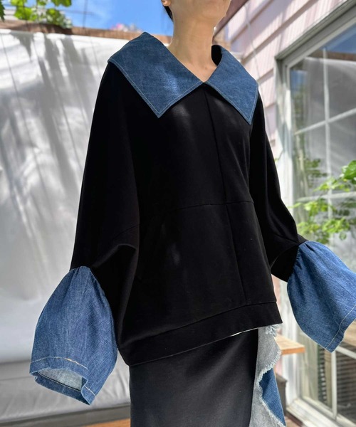 新品　AVIE　アヴィ　ブラウス　シャツ　ネイビー AVIE（アビィ） ブラウス シャツ デニム切替テントラインプルオーバー