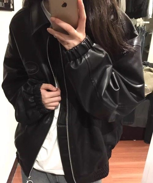 tシャツ エコレザー前ジップブルゾン レディース