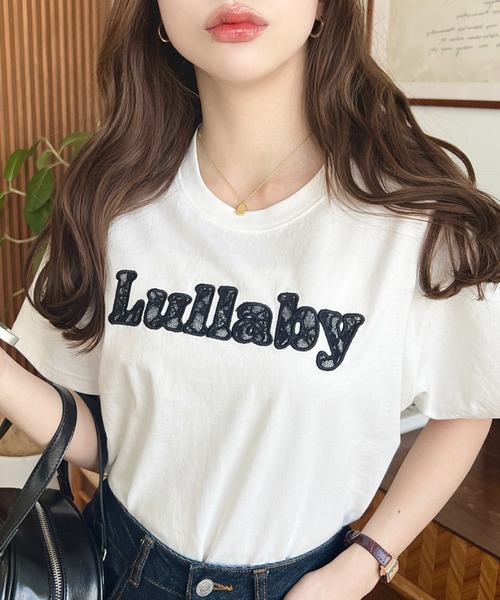 moment+ tシャツ レースロゴ刺繍半袖Tシャツ レディース