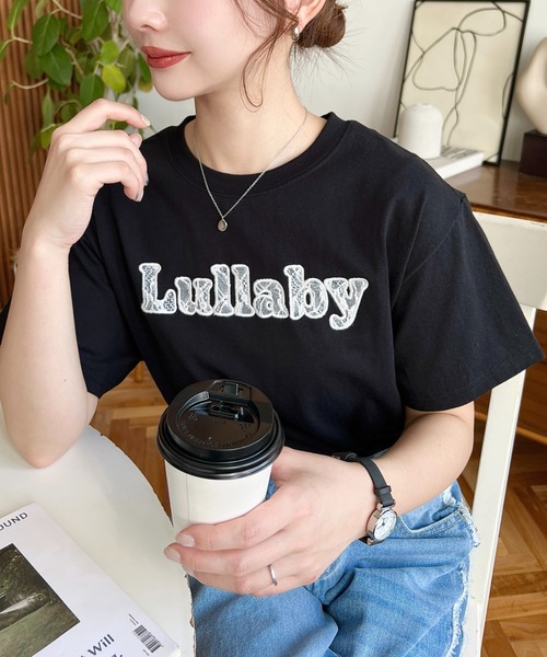 tシャツ レース重ねロゴプリント半袖Tシャツ レディース moment+ tシャツ レースロゴ刺繍半袖Tシャツ レディース