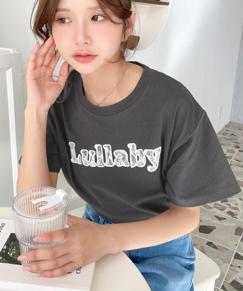 moment+ tシャツ レースロゴ刺繍半袖Tシャツ レディース