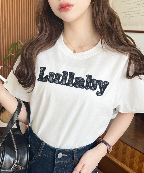 tシャツ 刺繍ロゴ　半袖TEE レディース moment+ tシャツ レースロゴ刺繍半袖Tシャツ レディース