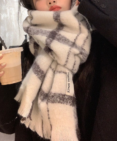 マフラー ストール レトロチェック柄モヘアマフラー レディース