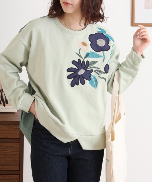 トレーナー スウェット EMAGO 花刺繍プルオーバー レディース Emago トレーナー スウェット EMAGO 花パッチワーク刺繍プル