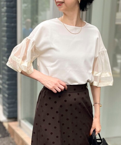 tシャツ カットジョーゼット袖レースブラウス レディース