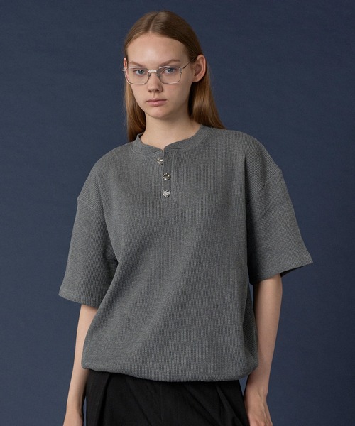 ONCILY tシャツ SILVER BUTTON HENRY NECK THERMAL T-SHIRT