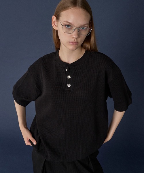ONCILY tシャツ SILVER BUTTON HENRY NECK THERMAL T-SHIRT
