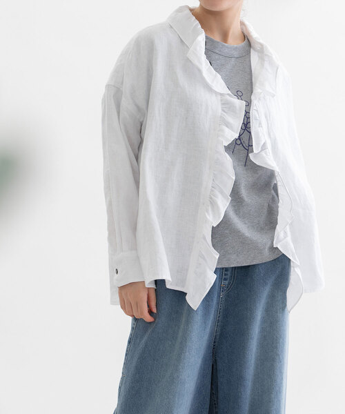 nest Robe ブラウス シャツ リネン 麻 フリル 長袖 F グレー 6/3 リリース 】涼しげなブラウス & シンプルなTシャツ | ONLINE SHOP