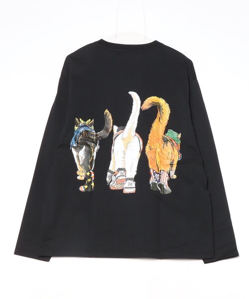 tシャツ 度詰め天竺 アニマル前後 プリント 長袖Tシャツ 猫  キャット CORISCO メンズ レディース | CORISCO | 14