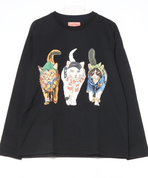 tシャツ 度詰め天竺 アニマル前後 プリント 長袖Tシャツ 猫  キャット CORISCO メンズ レディース | CORISCO | 04