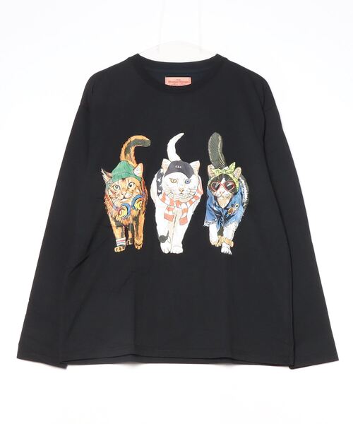 tシャツ 度詰め天竺 アニマル前後 プリント 長袖Tシャツ 猫  キャット CORISCO メンズ レディース | CORISCO | 13
