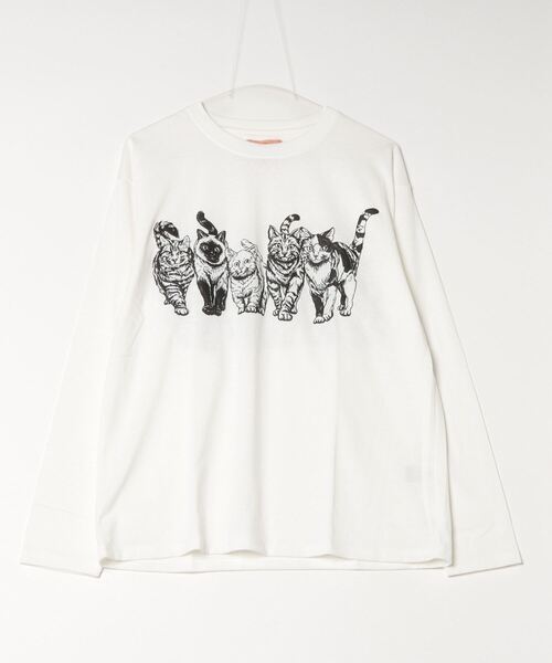 chipschips猫プリント ホワイト 長袖トップス CORISCO（コリスコ） tシャツ 度詰め天竺 アニマル前後 プリント 長袖T