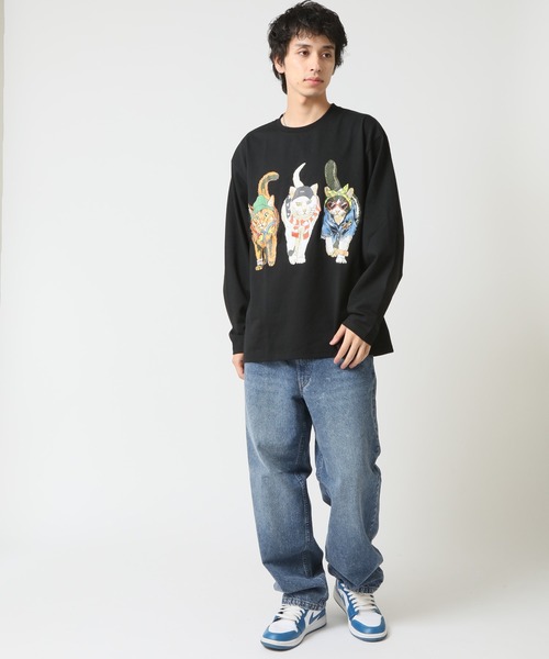 tシャツ 度詰め天竺 アニマル前後 プリント 長袖Tシャツ 猫  キャット CORISCO メンズ レディース | CORISCO | 05