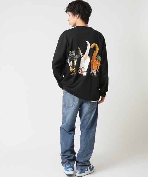 tシャツ 度詰め天竺 アニマル前後 プリント 長袖Tシャツ 猫  キャット CORISCO メンズ レディース | CORISCO | 06
