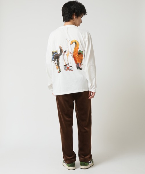 tシャツ 度詰め天竺 アニマル前後 プリント 長袖Tシャツ 猫  キャット CORISCO メンズ レディース | CORISCO | 08