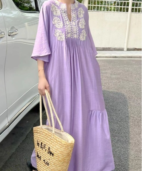 刺繍　ワンピース　パープル　ハンドメイド　handmade 楽天市場】【完売御礼】 コットンワンピース 刺繍 ワンピース 【全 4