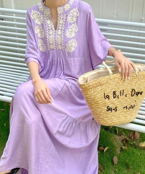 刺繍　ワンピース　パープル　ハンドメイド　handmade 楽天市場】【完売御礼】 コットンワンピース 刺繍 ワンピース 【全 4