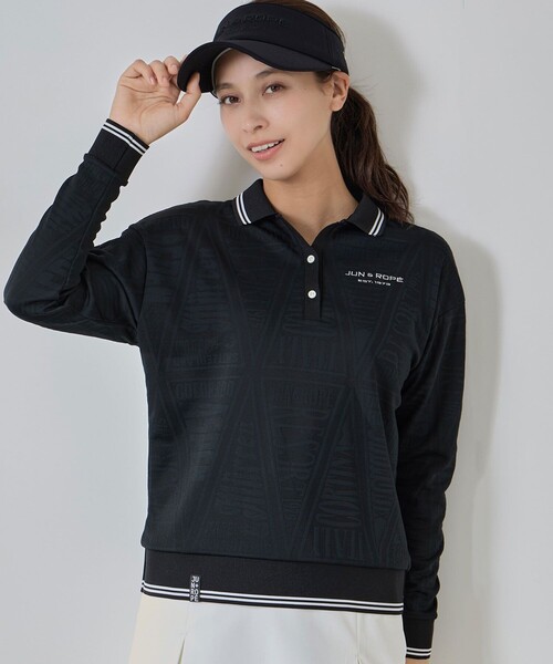 ジュン アンド ロペ　JUN & ROPE　ペナント柄 ジャカード長袖ポロシャツ　レディス JUN&ROPE'（ジュンアンドロペ） ポロシャツ ポロ ペナント柄JQ長袖ポロ