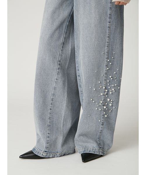 未使用　フレイアイディー　ハイウエスト　ワイド　ビジュー　デニムパンツ　ジーンズ FRAY I.D（フレイアイディー）の「ハイウエストワイドビジューデニム
