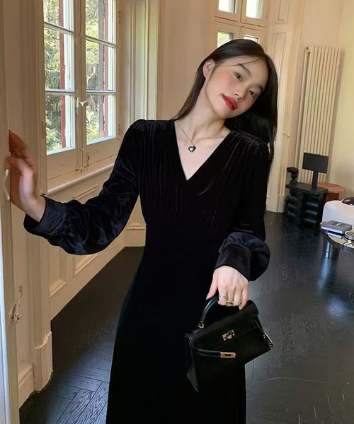 AsheKsha ワンピース ベルベットVネックロングドレス : ZOZOTOWN Yahoo