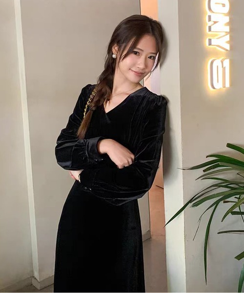 AsheKsha ワンピース ベルベットVネックロングドレス : ZOZOTOWN Yahoo