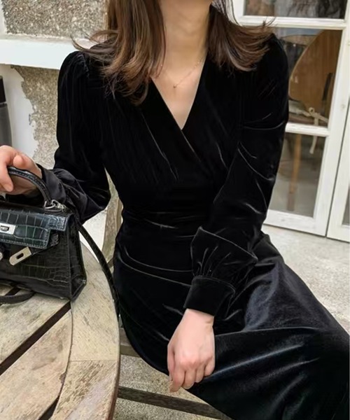 AsheKsha ワンピース ベルベットVネックロングドレス : ZOZOTOWN Yahoo