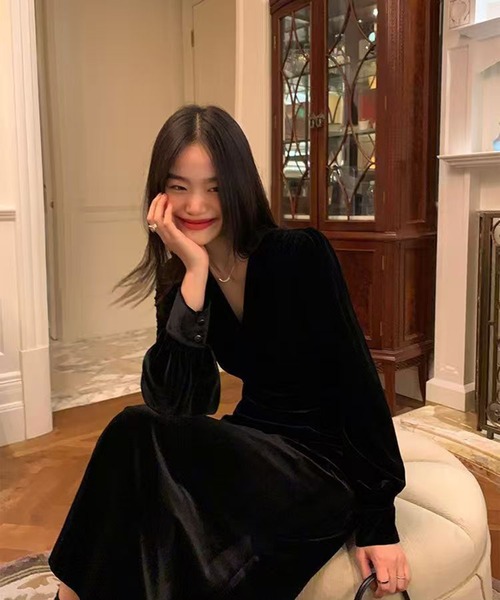 AsheKsha ワンピース ベルベットVネックロングドレス : ZOZOTOWN Yahoo