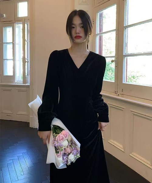 AsheKsha ワンピース ベルベットVネックロングドレス : ZOZOTOWN Yahoo