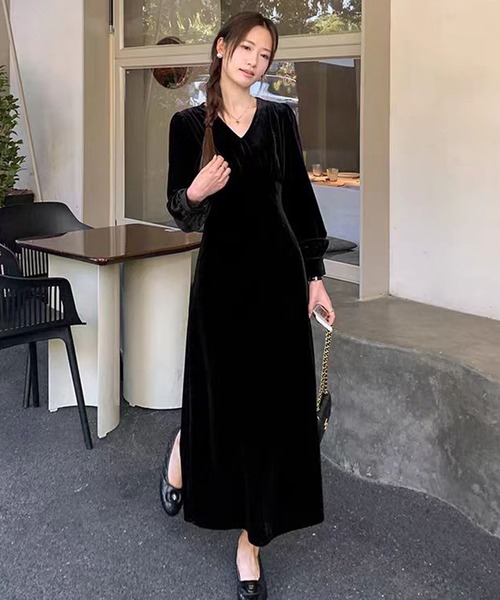 ブラックベルベットロングドレス AsheKsha ワンピース ベルベットVネックロングドレス : ZOZOTOWN Yahoo