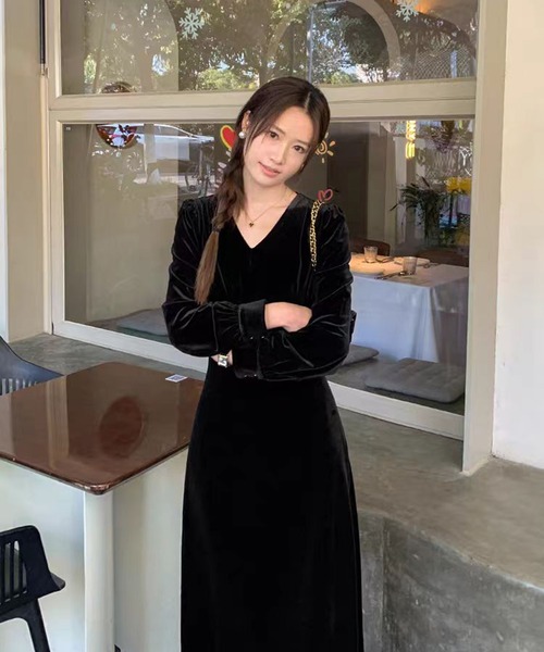 AsheKsha ワンピース ベルベットVネックロングドレス : ZOZOTOWN Yahoo