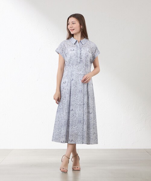 最終お値下げAMACAストライプ柄 半袖ワンピース ウエストリボン付き AMACA（アマカ） ワンピース 半袖 「LIBERTY」Indigo Morris
