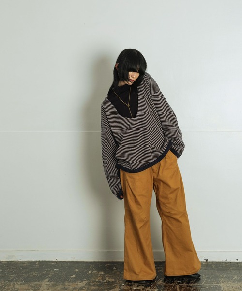 Aphlotus セーター ニット Wジャガード ディープVネック グラフィック