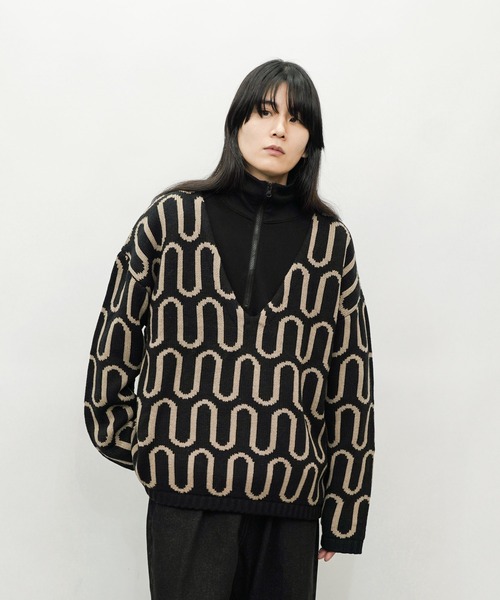 Aphlotus セーター ニット Wジャガード ディープVネック グラフィック