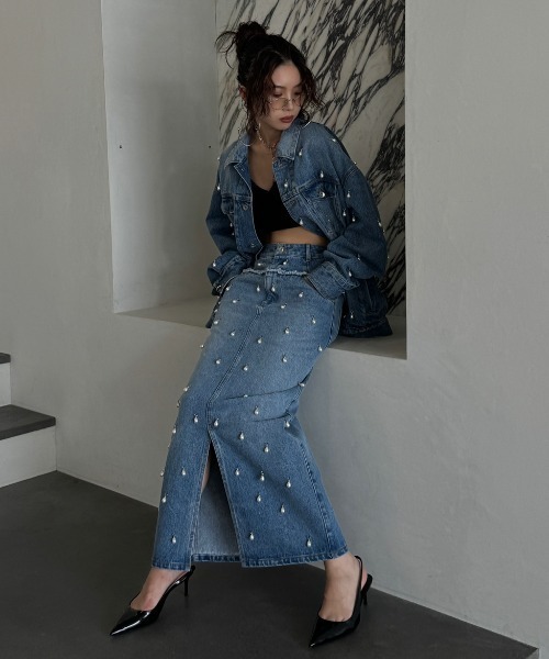 JOSE MOON ジョゼムーン　今期　デニムスカート　ブラック　38 JOSE MOON デニムスカート DENIM LONG SKIRT with PEARL/デニム