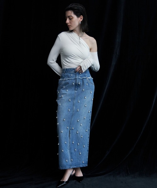 JOSE MOON ジョゼムーン　今期　デニムスカート　ブラック　38 JOSE MOON デニムスカート DENIM LONG SKIRT with PEARL/デニム