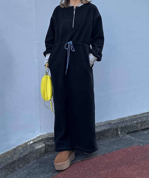 mi via loca ワンピース 配色フリースボア ハーフZIPロングワンピース