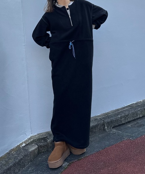JUN&ROPE ブラック フリース ワンピース mi via loca ワンピース 配色フリースボア ハーフZIPロングワンピース