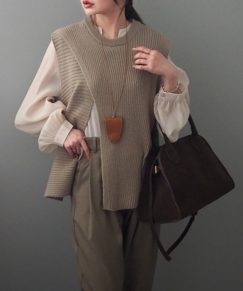 ベスト ジレ slit design lib knit vest /スリット入りリブニット