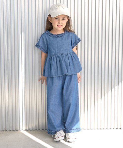 フリル付きトップスとワイドパンツセット シルクタッチフリルブラウス×ワイドパンツセットアップ(2点set