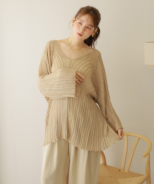 ニット セーター sheer lib over size v neck knit /シアー リブ