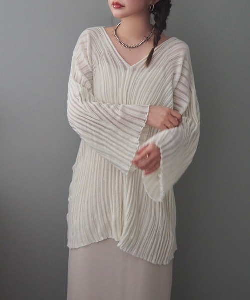 ニット セーター sheer lib over size v neck knit /シアー リブ