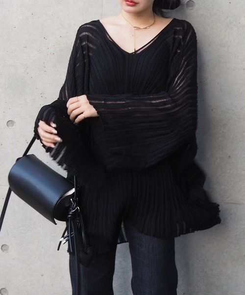 ニット セーター sheer lib over size v neck knit /シアー リブ オーバーサイズ Vネック ニット レディース