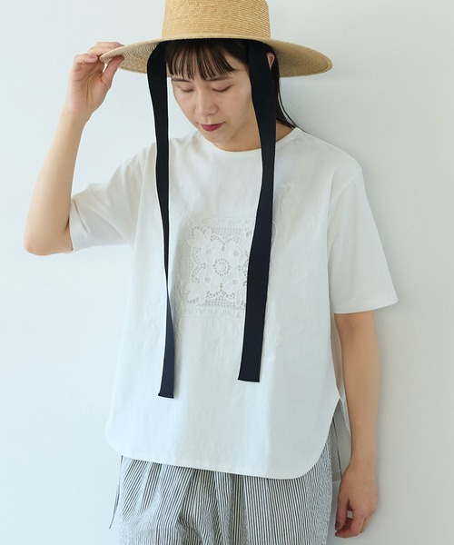 tシャツ コットンレース刺繍Tシャツ レディース