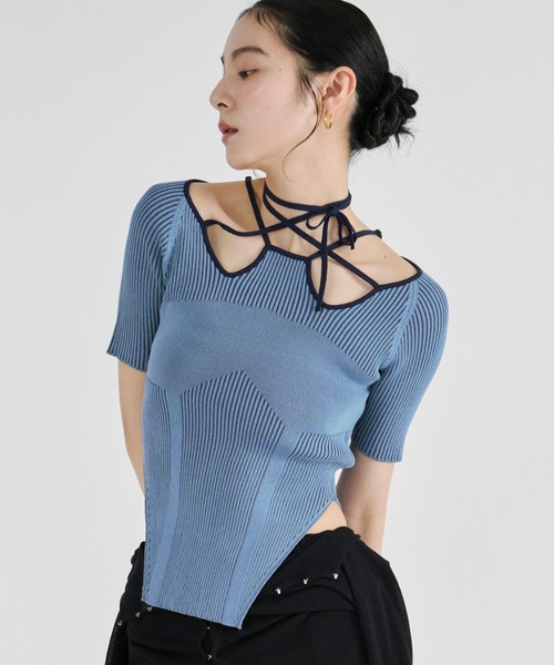 Ezick ニット セーター 2way design code neck イレリブ配色トップス