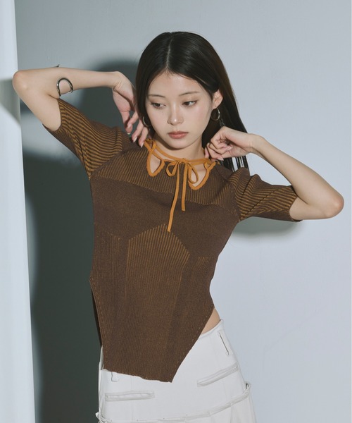 Ezick ニット セーター 2way design code neck イレリブ配色