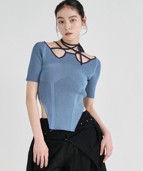 Ezick ニット セーター 2way design code neck イレリブ配色トップス