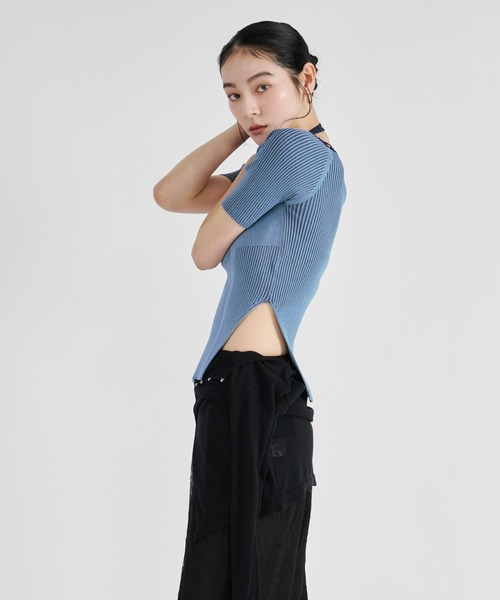Ezick ニット セーター 2way design code neck イレリブ配色トップス