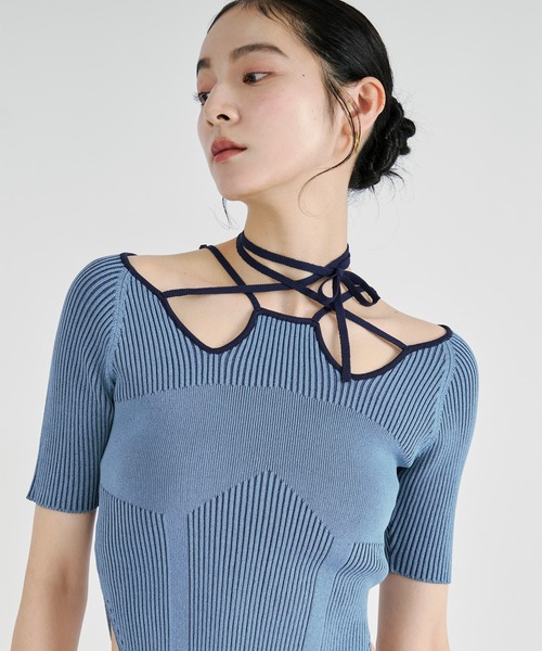 Ezick ニット セーター 2way design code neck イレリブ配色トップス