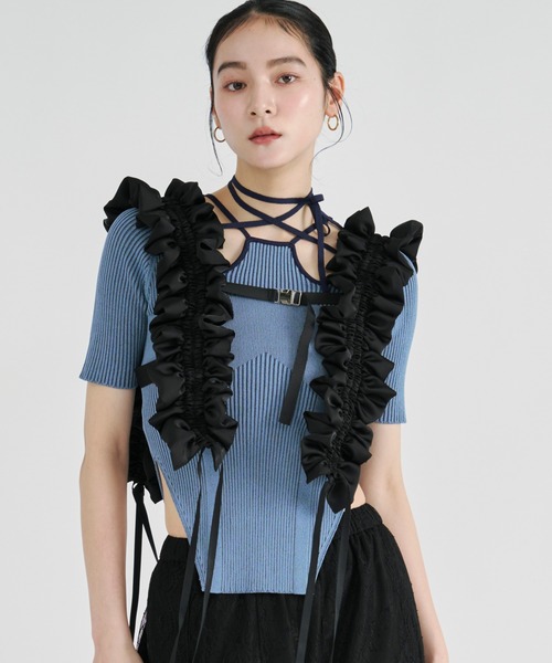 Ezick ニット セーター 2way design code neck イレリブ配色トップス